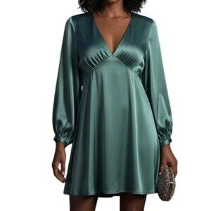 H&M Elegant Silky Green V-Neck Mini Dress Tunic, balloon sleeves Sz: XL NWOT